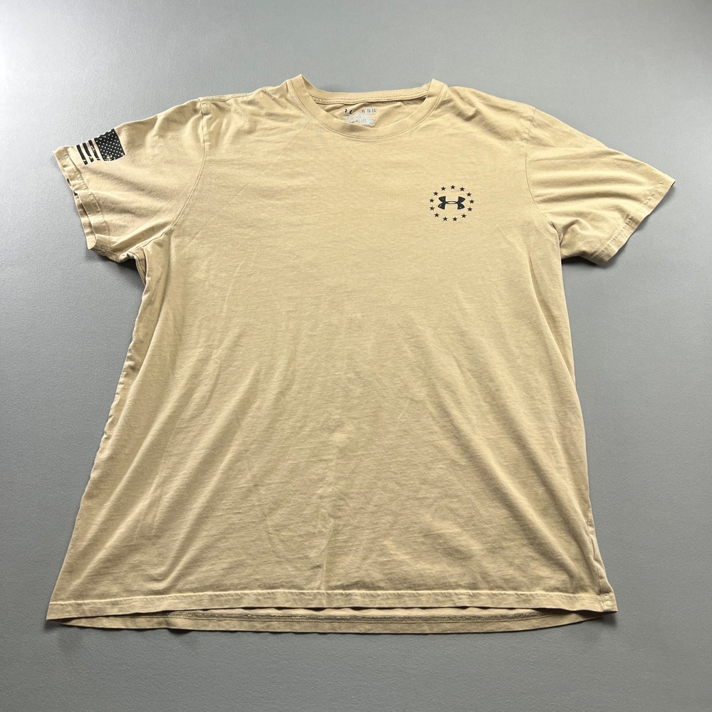Under Armour Heatgear T Shirt Mens XL Beige Freedom Flag Graphic Print Loose Fit